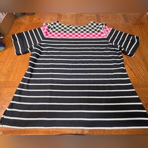 NWOT Karen Scott Stripe Checker Elbow-Sleeve T-Shirt Black Pink White Size 2X